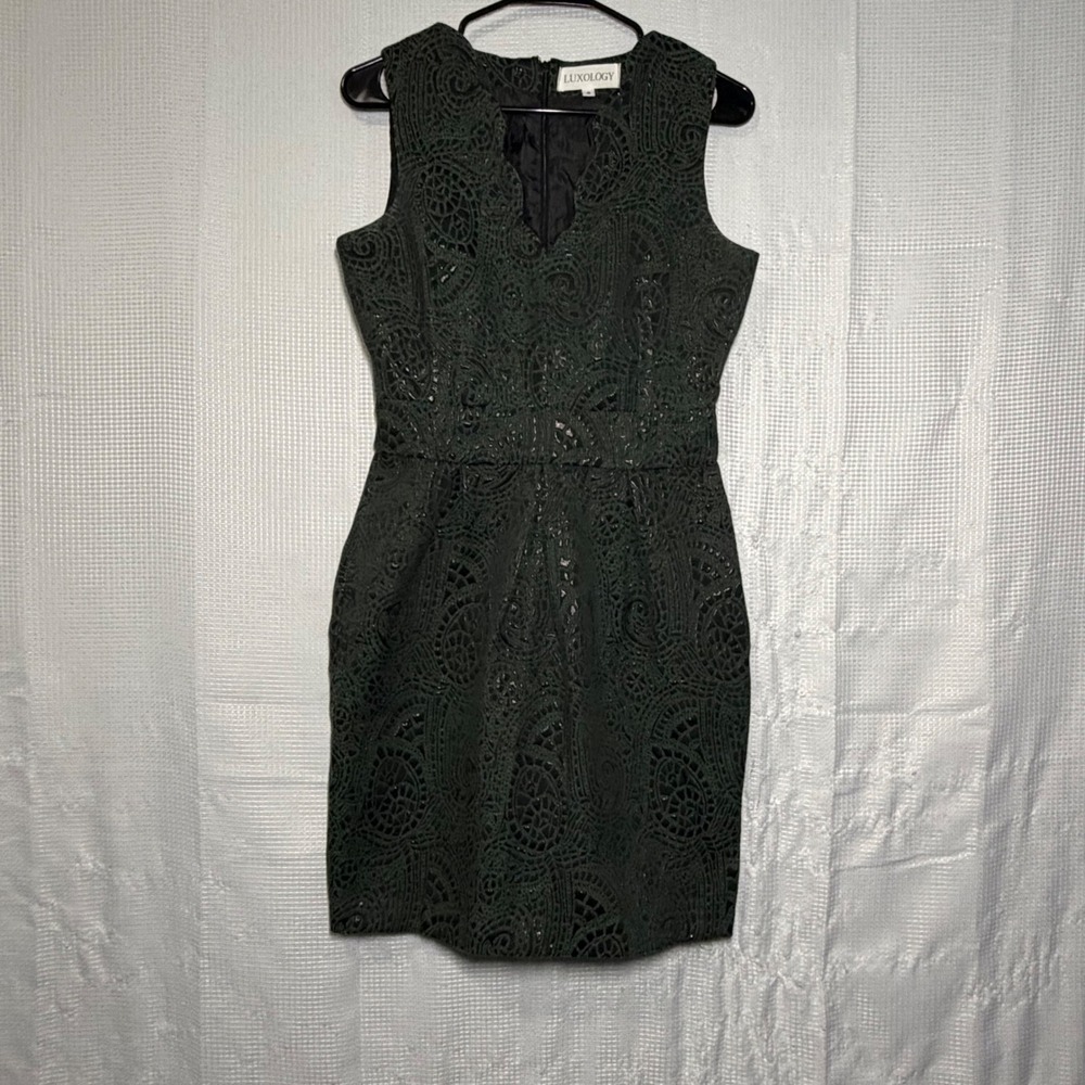 Luxology Sheath Dress Green Paisley Metallic Brocade Sleeveless Party Cocktail 4